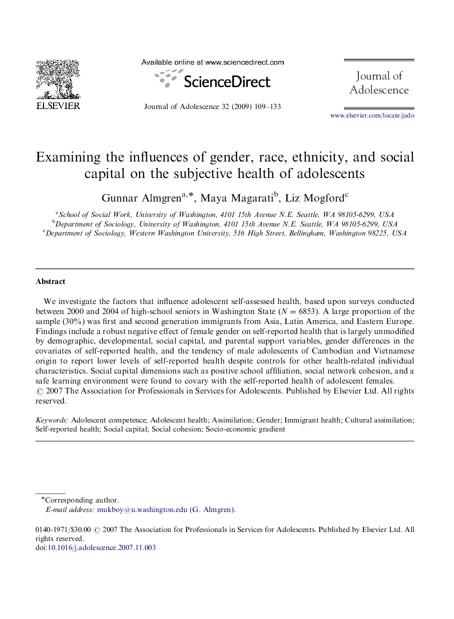 Examining the influences of gender, race, ethnicity, and social capital on the subjective health of adolescents