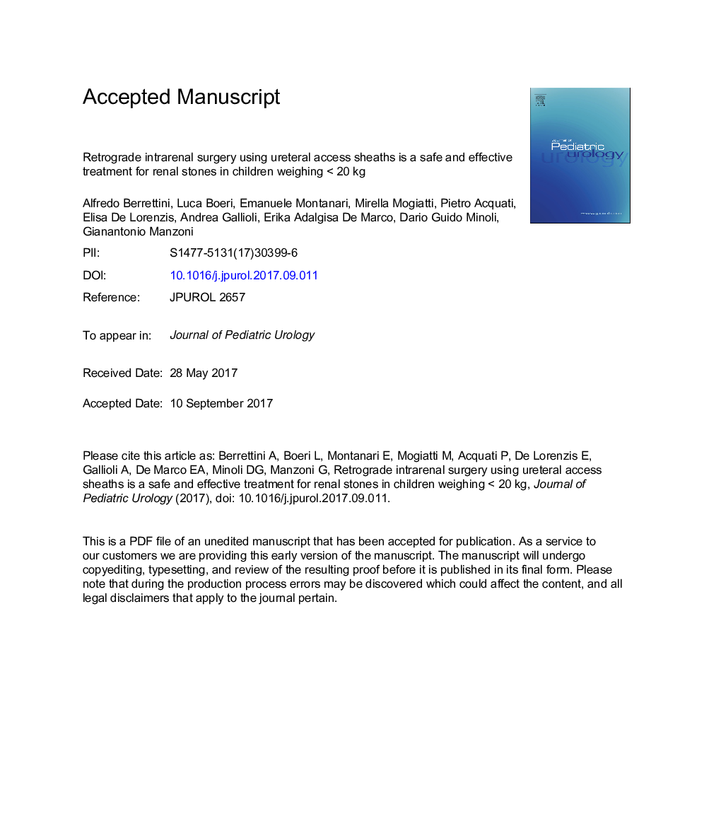 Retrograde intrarenal surgery using ureteral access sheaths is a safe and effective treatment for renal stones in children weighing <20Â kg