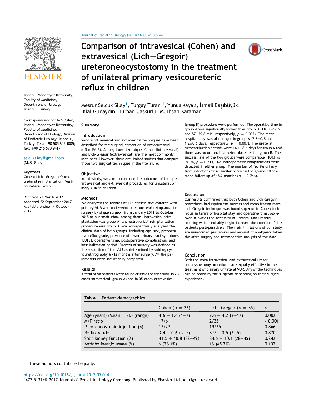 مقایسه اورترونئوسیستوستومی درون مثانه‌ای (کوهن) و برون‌مثانه‌ای (لیچ-گرگویر) در درمان رفلاکس وسیکورتریک اولیه در کودکان