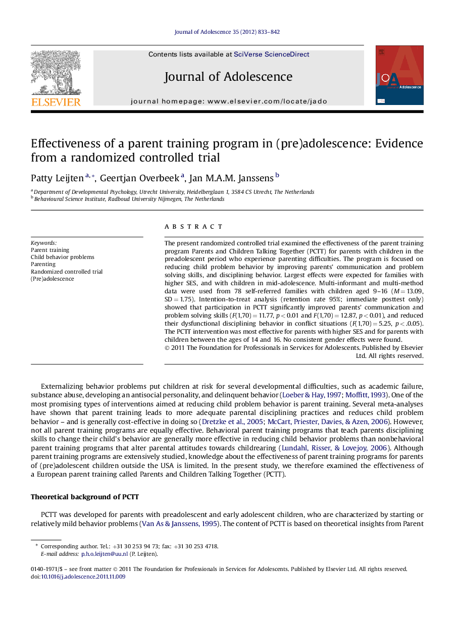 Effectiveness of a parent training program in (pre)adolescence: Evidence from a randomized controlled trial