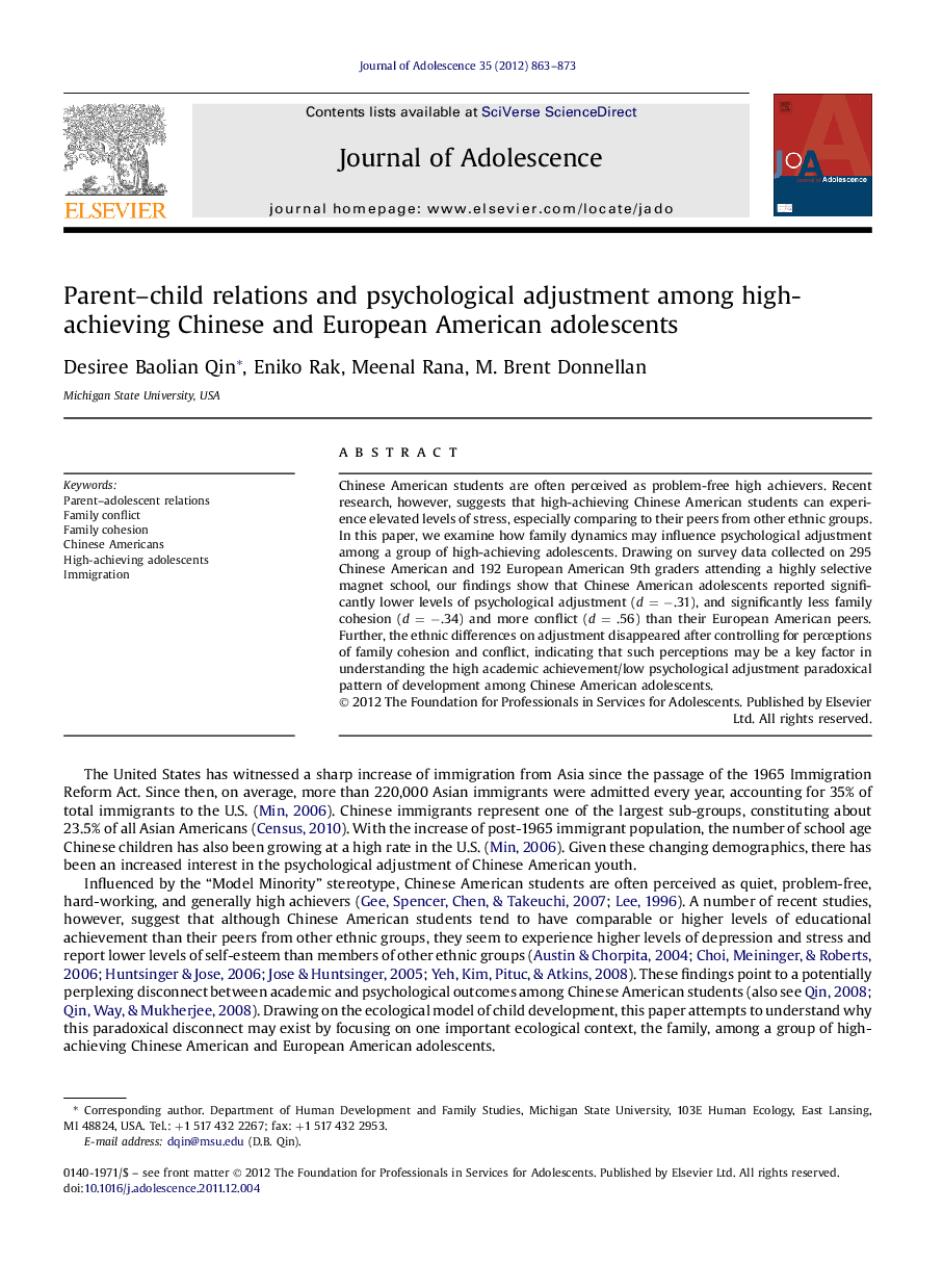 Parent–child relations and psychological adjustment among high-achieving Chinese and European American adolescents