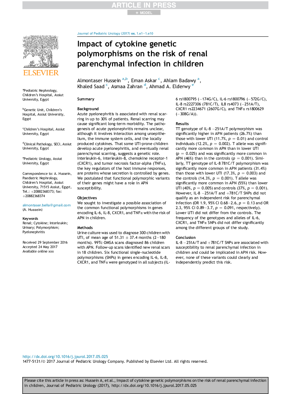 Impact of cytokine genetic polymorphisms on the risk of renal parenchymal infection in children