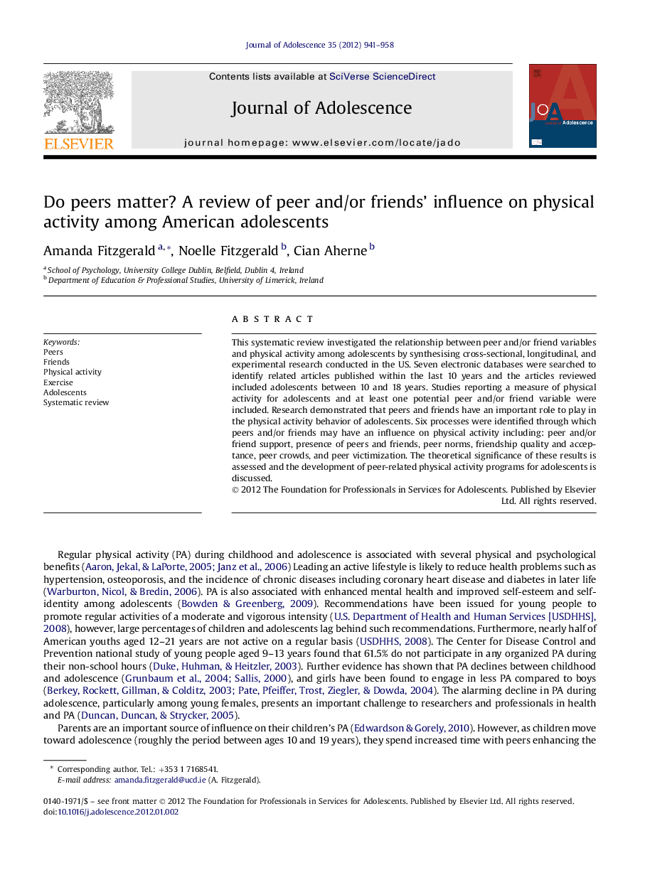 Do peers matter? A review of peer and/or friends’ influence on physical activity among American adolescents