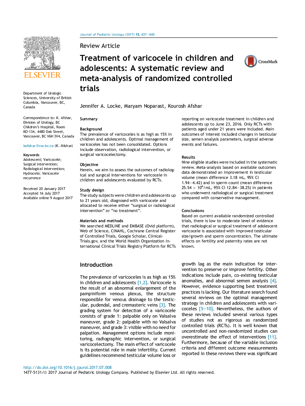 Treatment of varicocele in children and adolescents: A systematic review and meta-analysis of randomized controlled trials