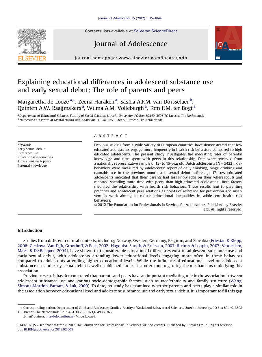 Explaining educational differences in adolescent substance use and early sexual debut: The role of parents and peers