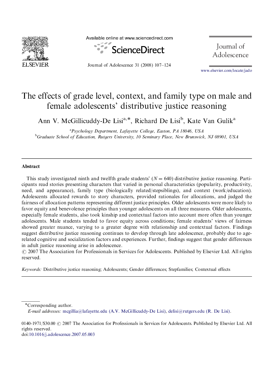 The effects of grade level, context, and family type on male and female adolescents’ distributive justice reasoning