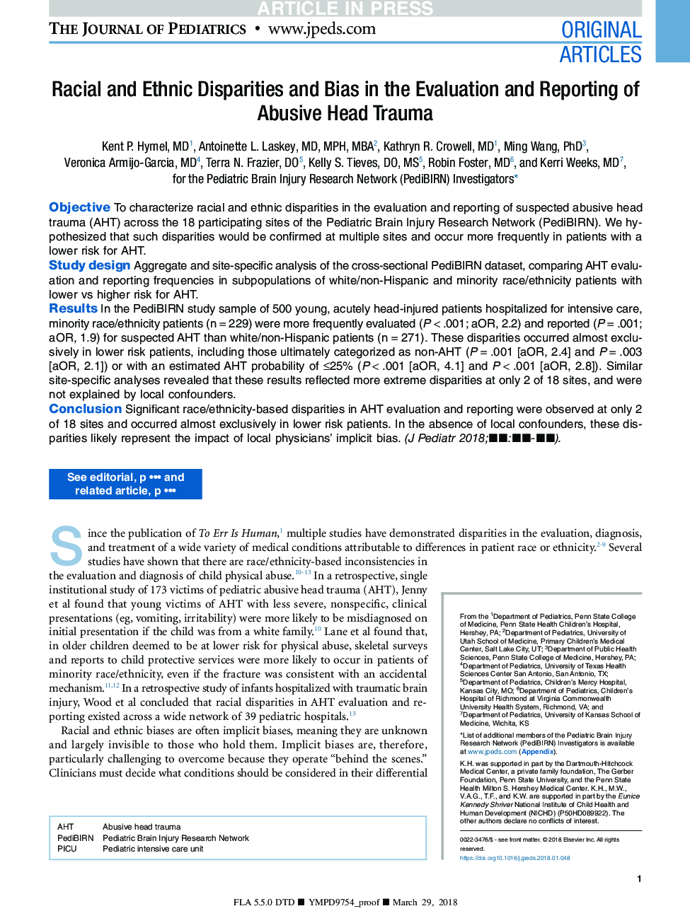 Racial and Ethnic Disparities and Bias in the Evaluation and Reporting of Abusive Head Trauma