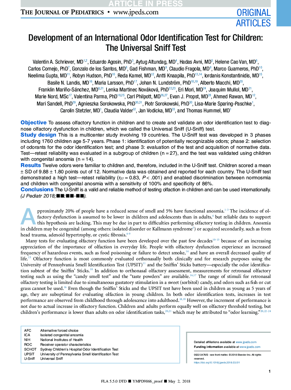 Development of an International Odor Identification Test for Children: The Universal Sniff Test