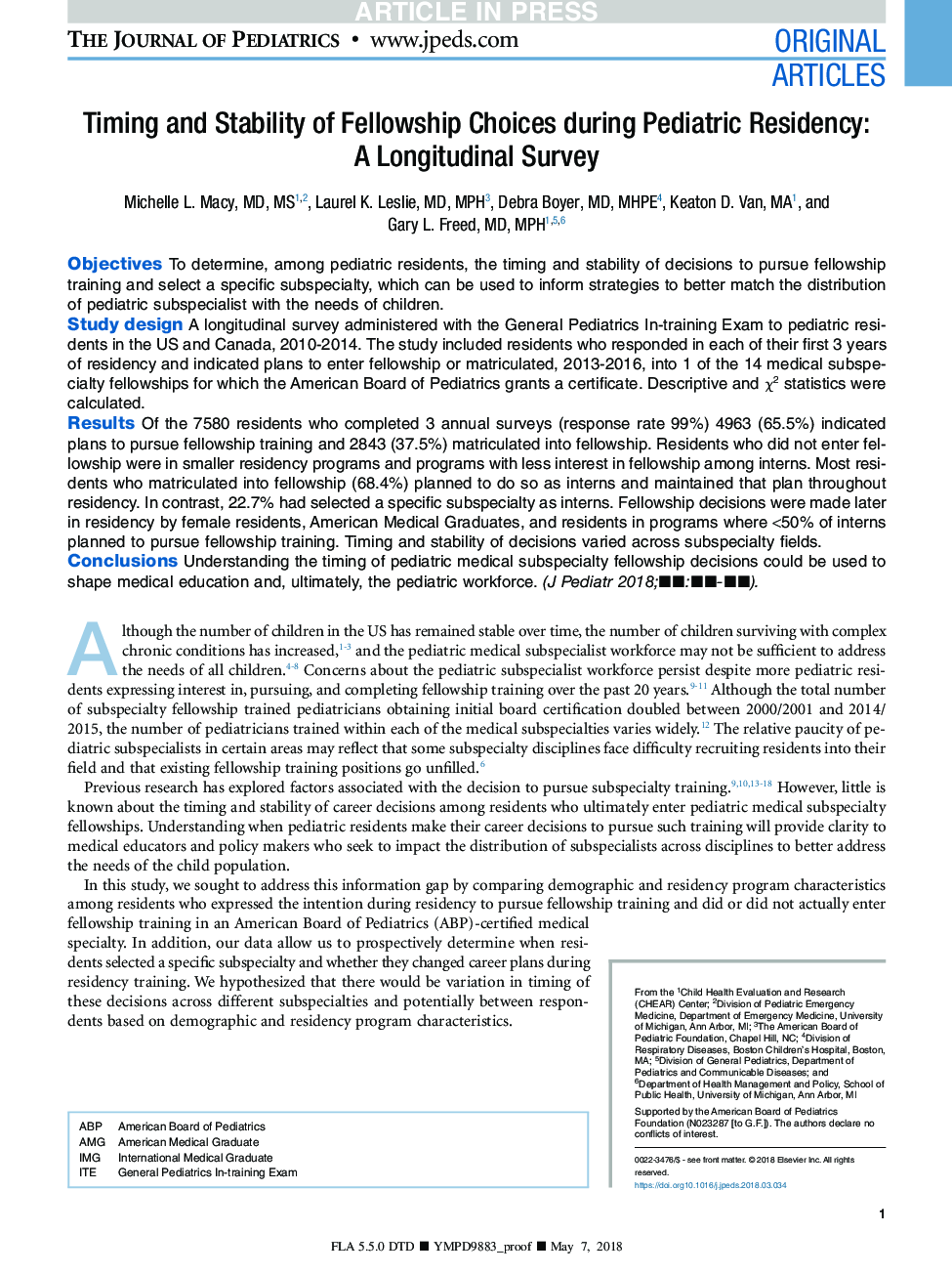 Timing and Stability of Fellowship Choices during Pediatric Residency: A Longitudinal Survey