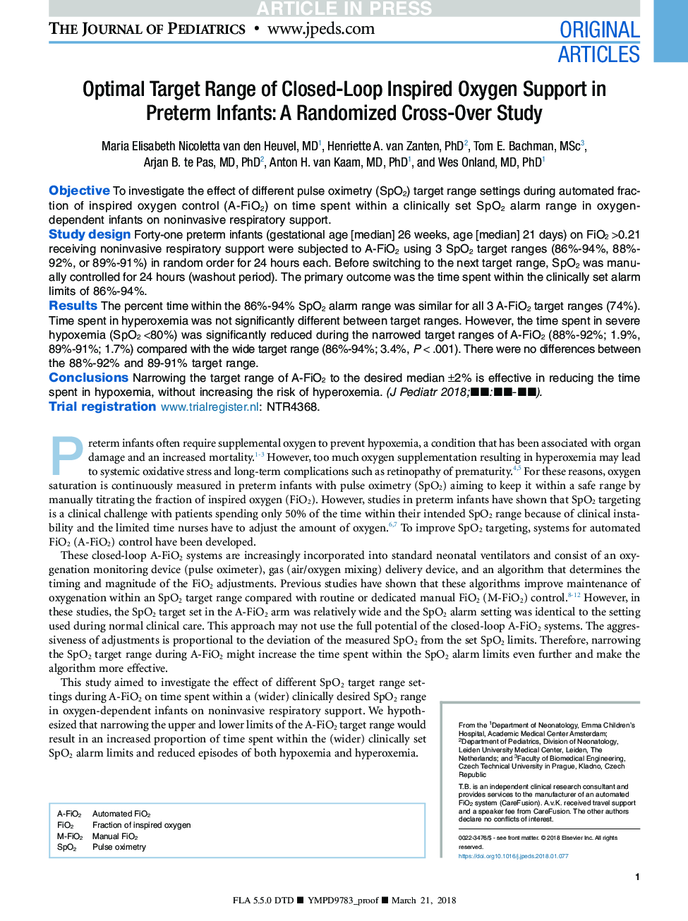 Optimal Target Range of Closed-Loop Inspired Oxygen Support in Preterm Infants: A Randomized Cross-Over Study