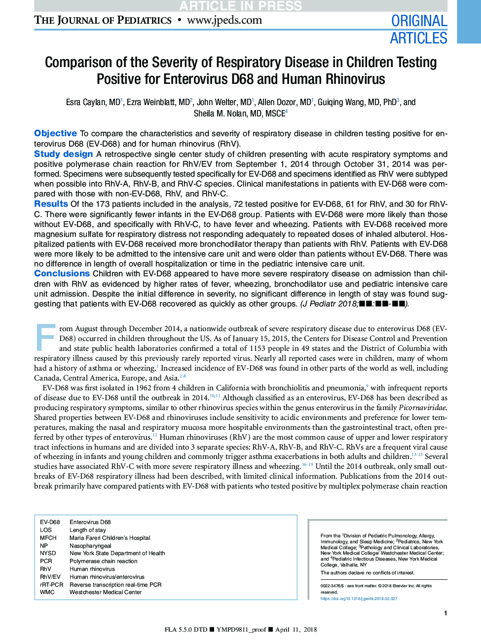 Comparison of the Severity of Respiratory Disease in Children Testing Positive for Enterovirus D68 and Human Rhinovirus