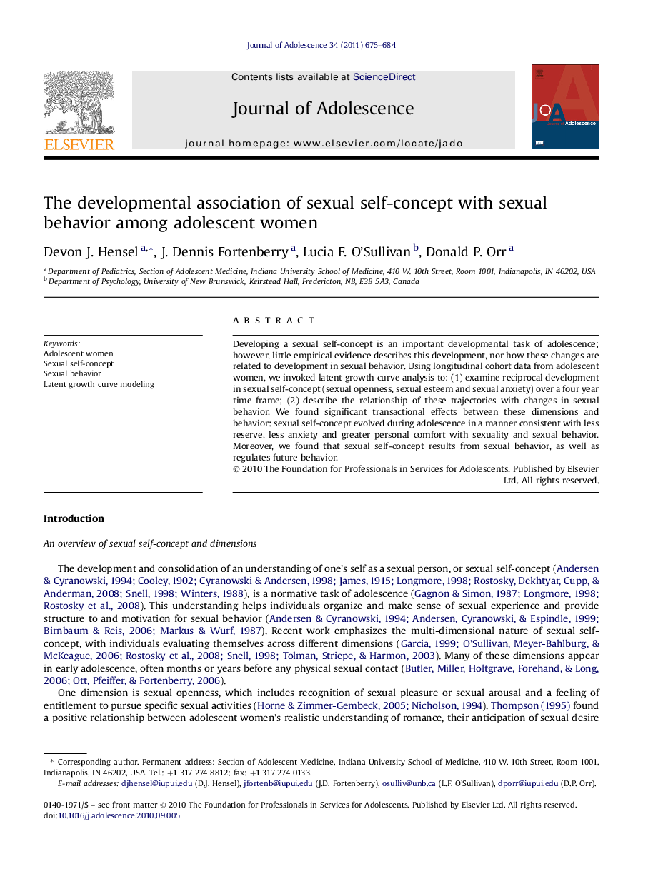 The developmental association of sexual self-concept with sexual behavior among adolescent women