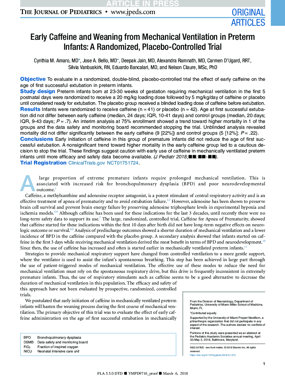 Early Caffeine and Weaning from Mechanical Ventilation in Preterm Infants: A Randomized, Placebo-Controlled Trial