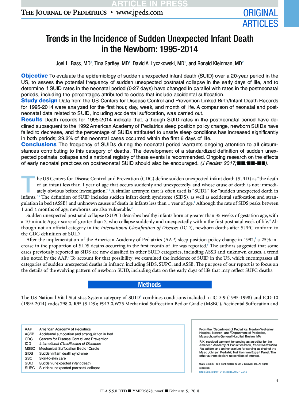 Trends in the Incidence of Sudden Unexpected Infant Death in the Newborn: 1995-2014