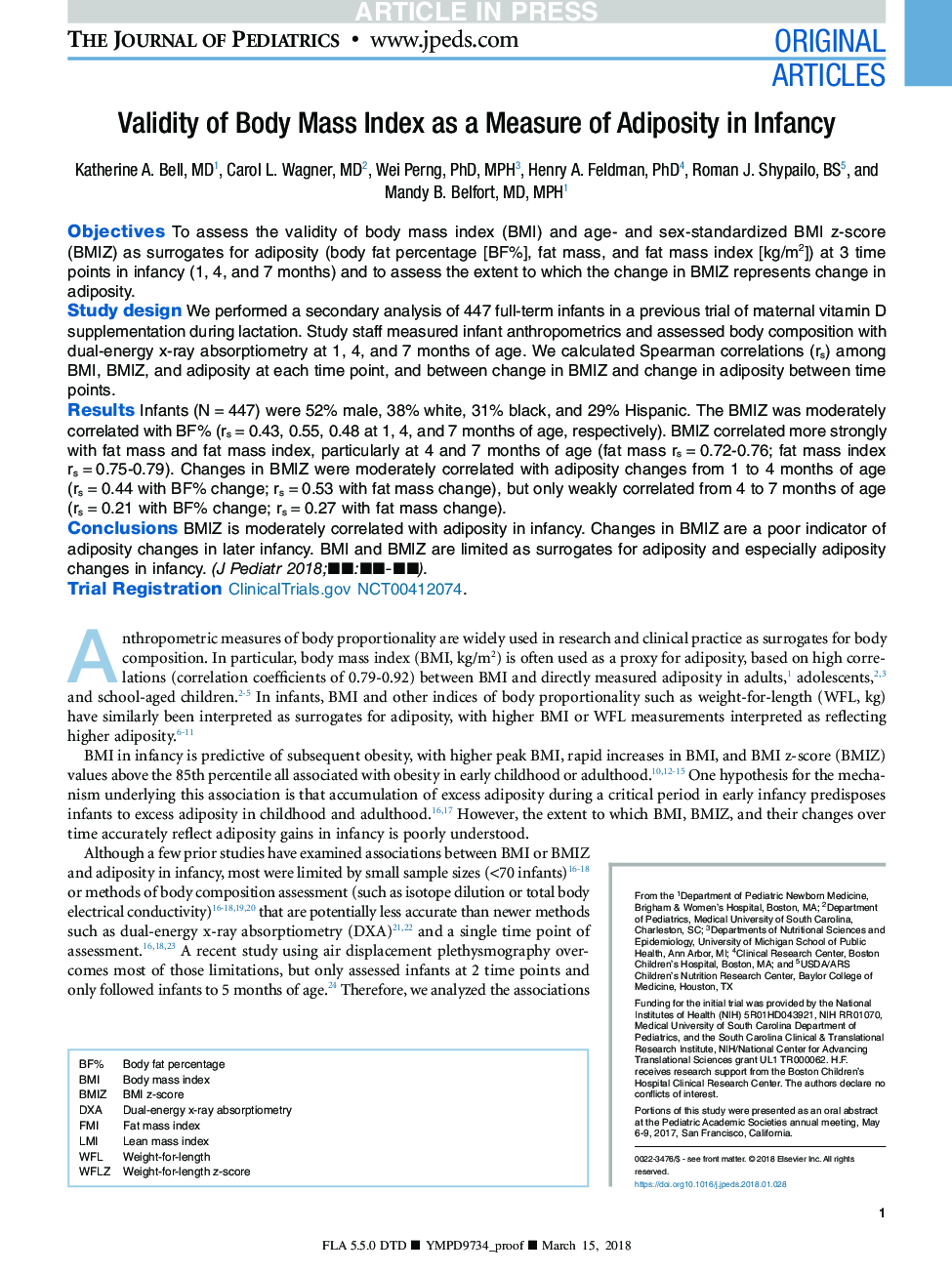 Validity of Body Mass Index as a Measure of Adiposity in Infancy