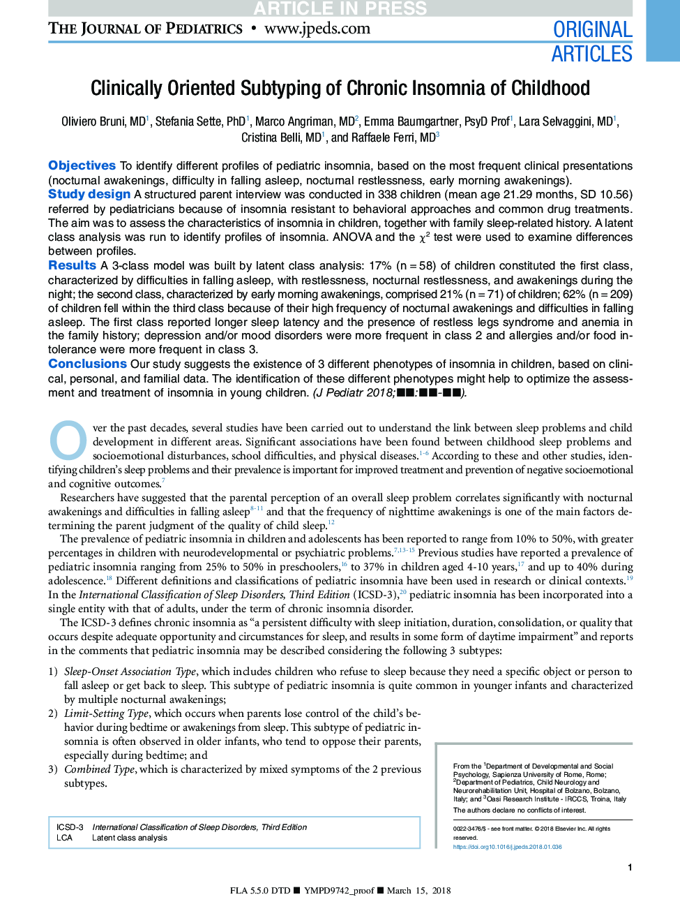 Clinically Oriented Subtyping of Chronic Insomnia of Childhood