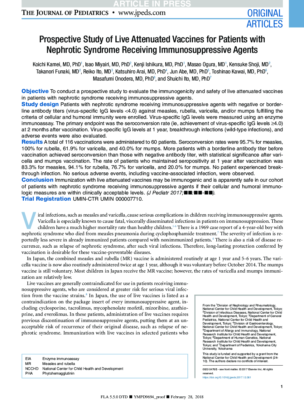 Prospective Study of Live Attenuated Vaccines for Patients with Nephrotic Syndrome Receiving Immunosuppressive Agents