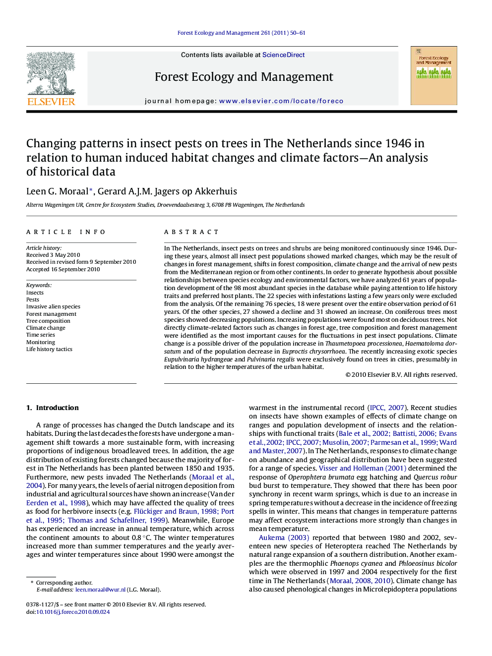 Changing patterns in insect pests on trees in The Netherlands since 1946 in relation to human induced habitat changes and climate factors—An analysis of historical data