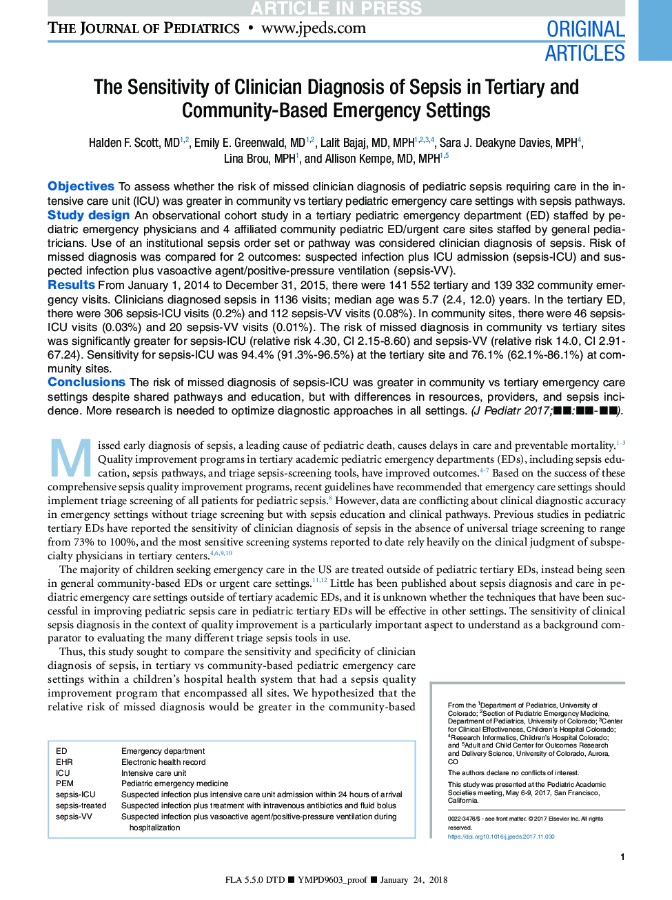 The Sensitivity of Clinician Diagnosis of Sepsis in Tertiary and Community-Based Emergency Settings