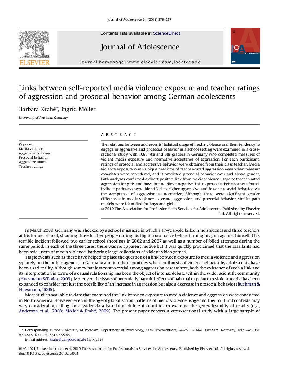 Links between self-reported media violence exposure and teacher ratings of aggression and prosocial behavior among German adolescents