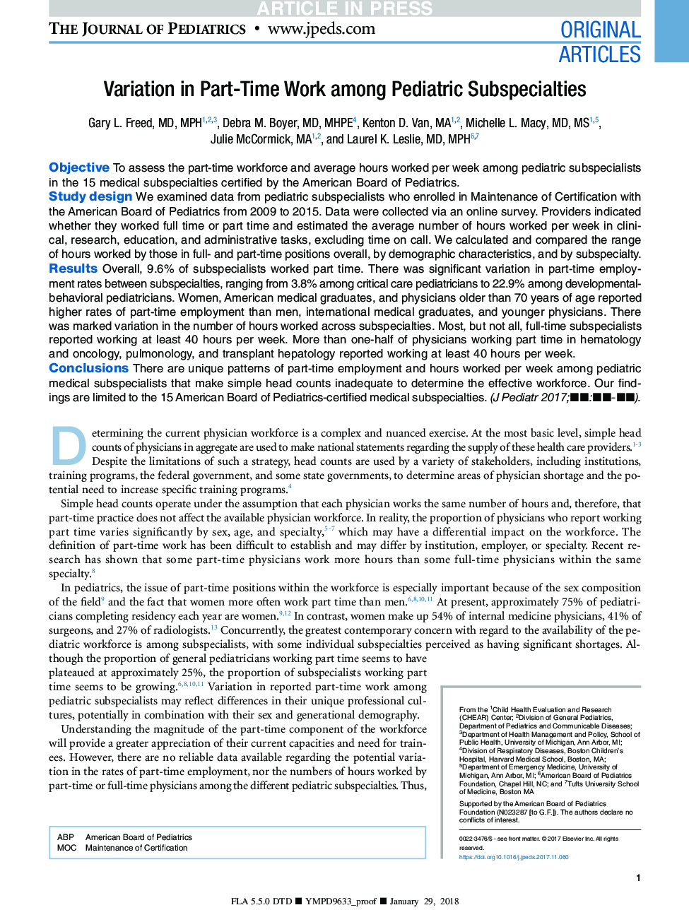 Variation in Part-Time Work among Pediatric Subspecialties