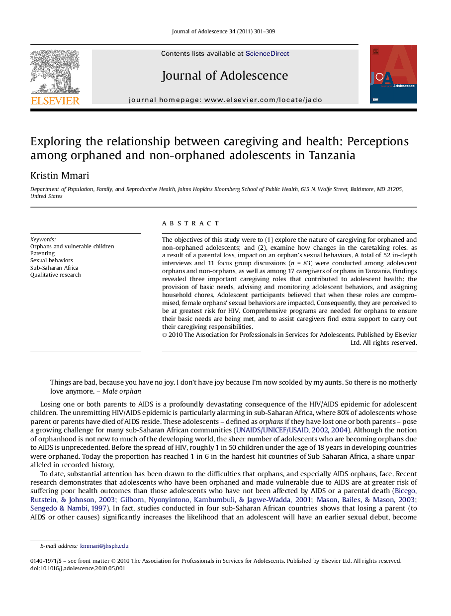 Exploring the relationship between caregiving and health: Perceptions among orphaned and non-orphaned adolescents in Tanzania