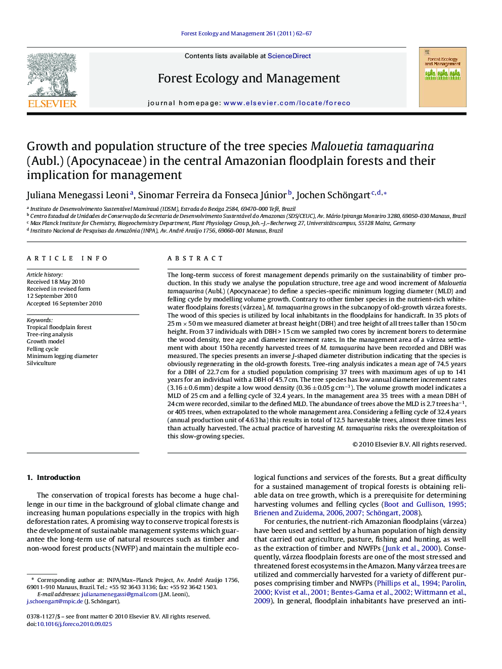 Growth and population structure of the tree species Malouetia tamaquarina (Aubl.) (Apocynaceae) in the central Amazonian floodplain forests and their implication for management