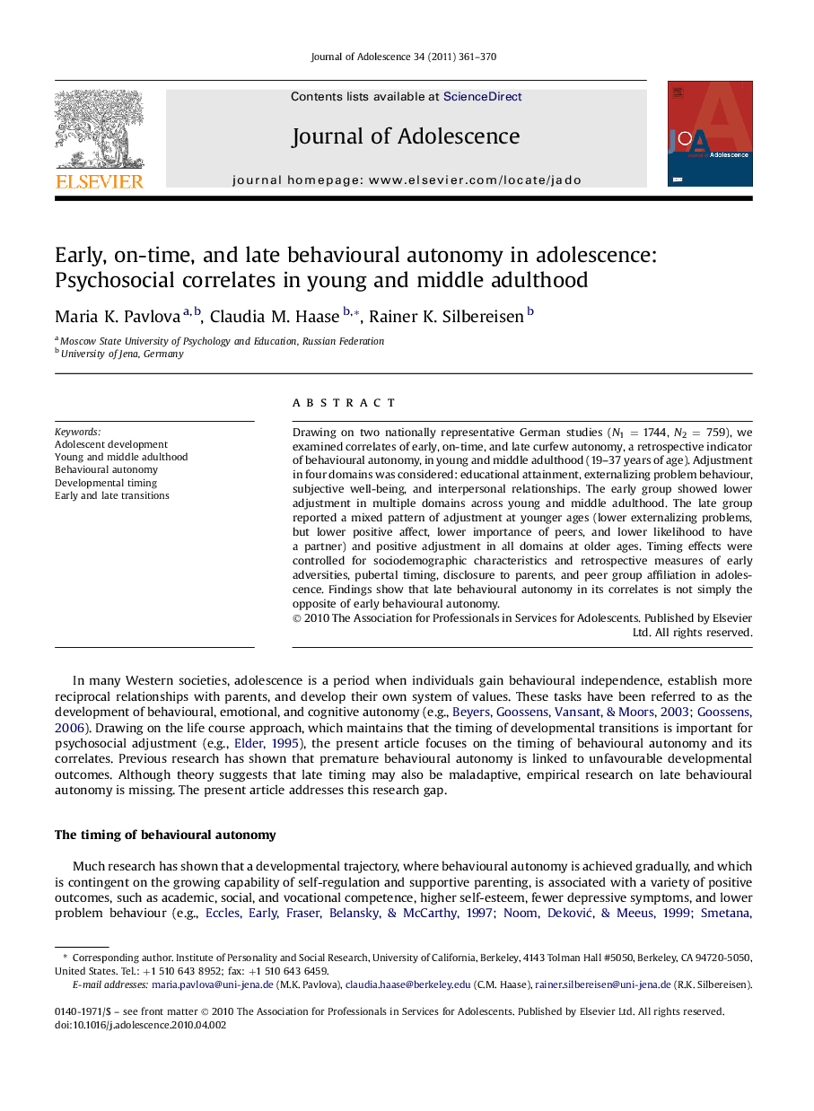 Early, on-time, and late behavioural autonomy in adolescence: Psychosocial correlates in young and middle adulthood