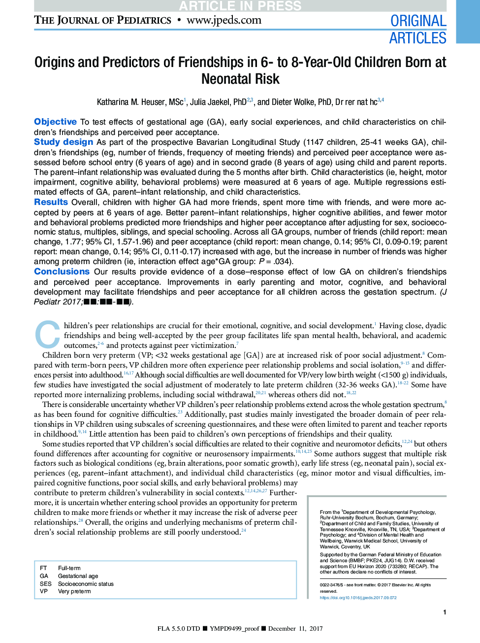 Origins and Predictors of Friendships in 6- to 8-Year-Old Children Born at Neonatal Risk