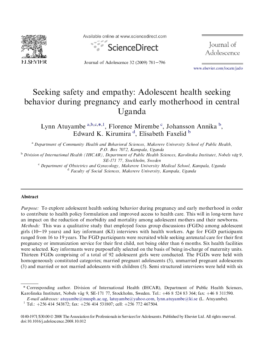 Seeking safety and empathy: Adolescent health seeking behavior during pregnancy and early motherhood in central Uganda