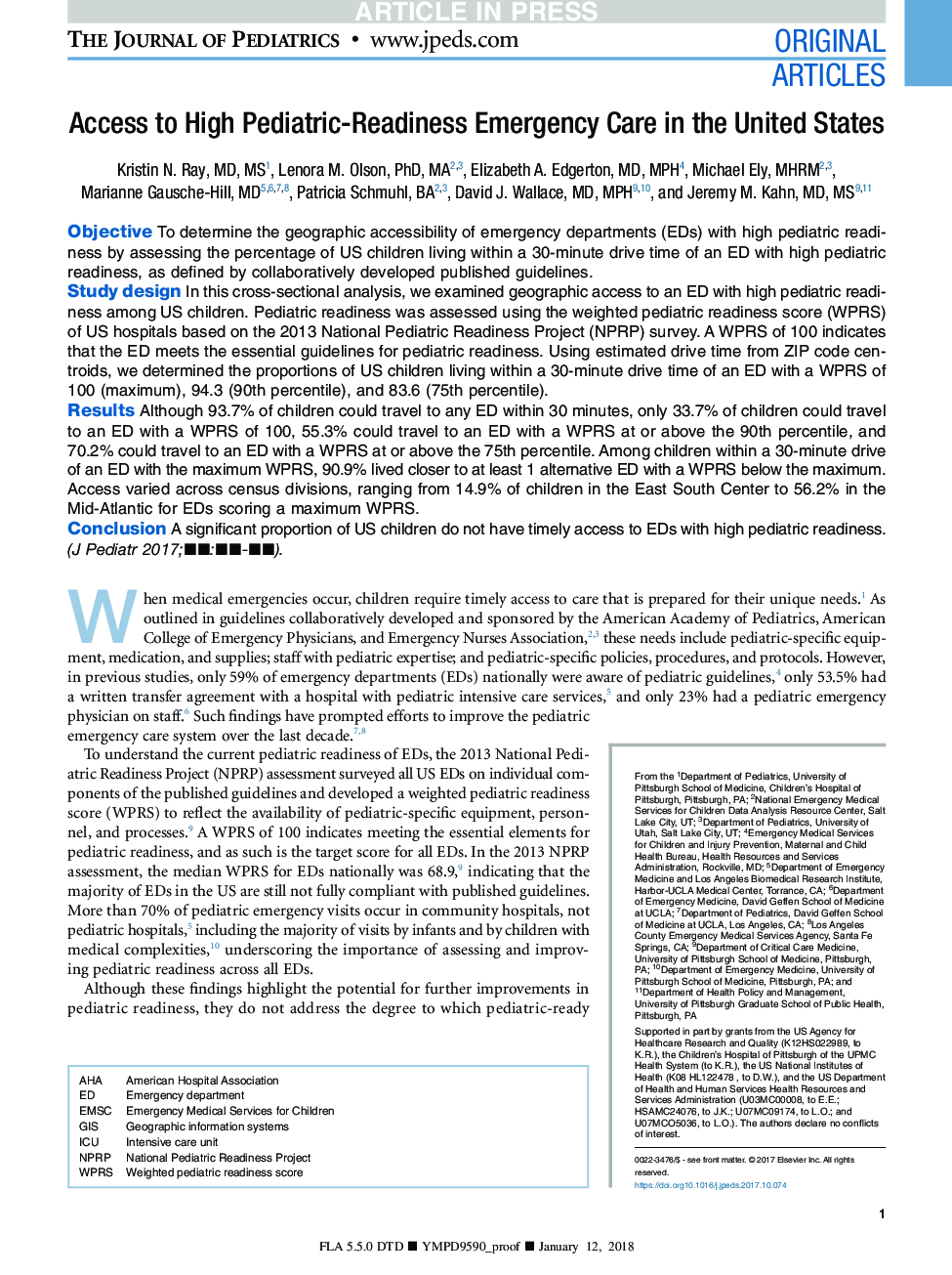 Access to High Pediatric-Readiness Emergency Care in the United States