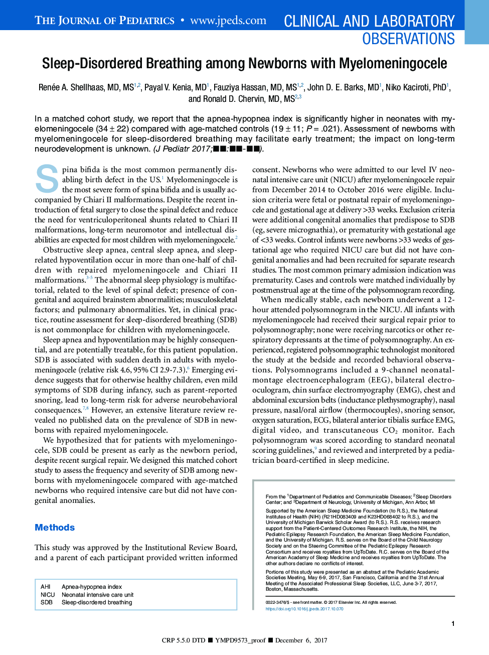 Sleep-Disordered Breathing among Newborns with Myelomeningocele