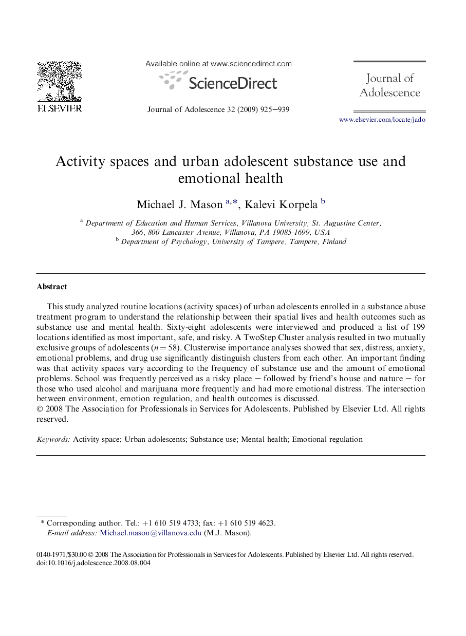 Activity spaces and urban adolescent substance use and emotional health