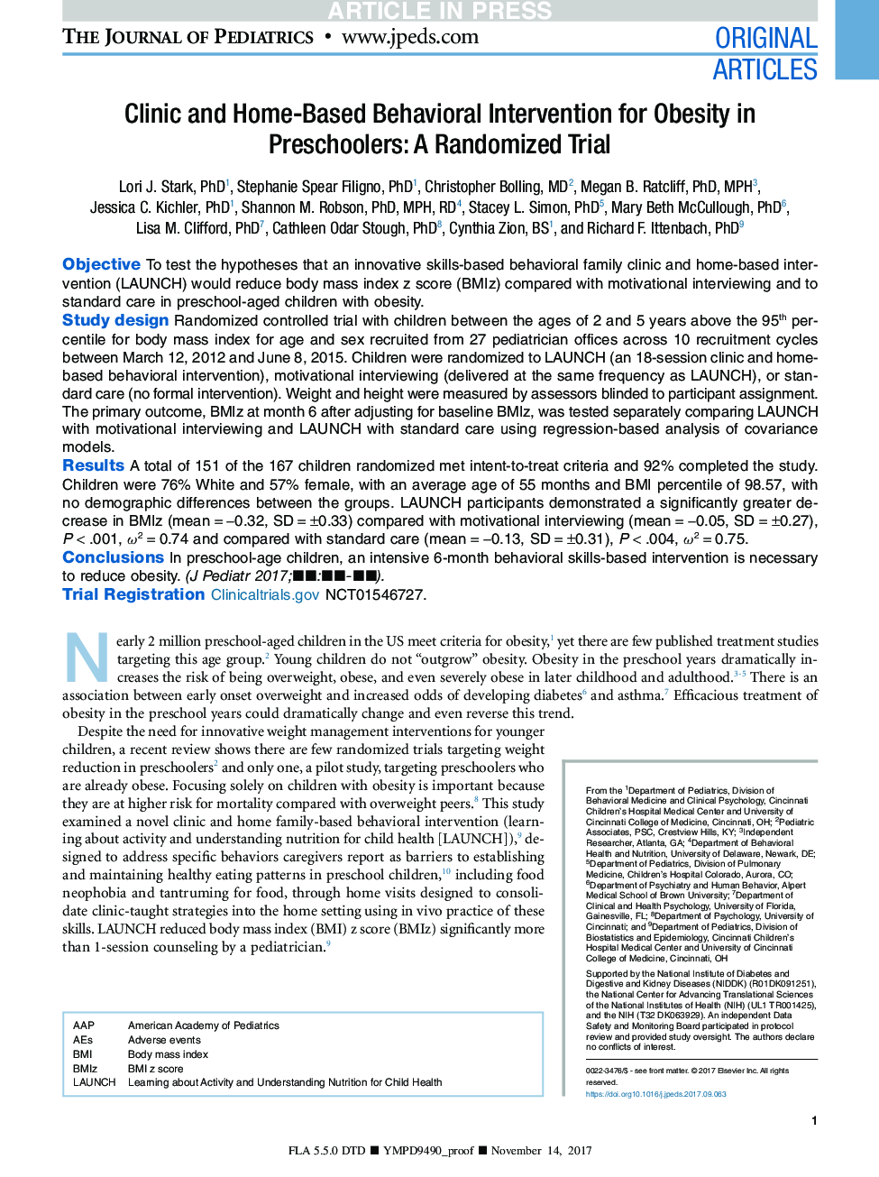 Clinic and Home-Based Behavioral Intervention for Obesity in Preschoolers: A Randomized Trial