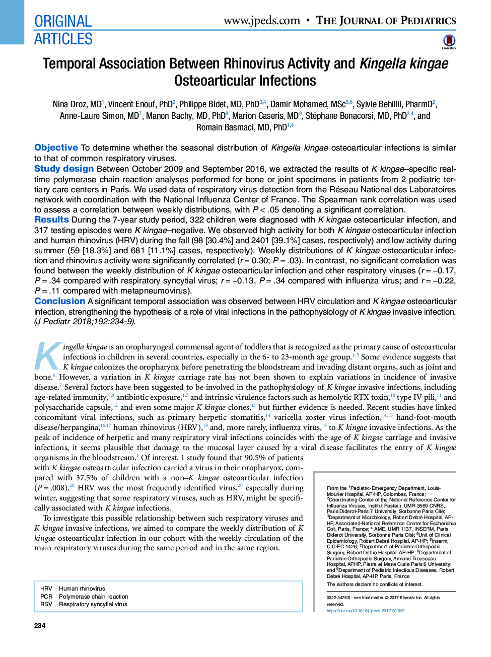 Temporal Association between Rhinovirus Activity and Kingella kingae Osteoarticular Infections