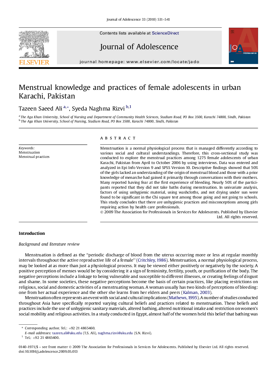 عکس صفحه اول مقاله: Menstrual knowledge and practices of female adolescents in urban Karachi, Pakistan Menstrual knowledge and practices of female adolescents in urban Karachi, Pakistan