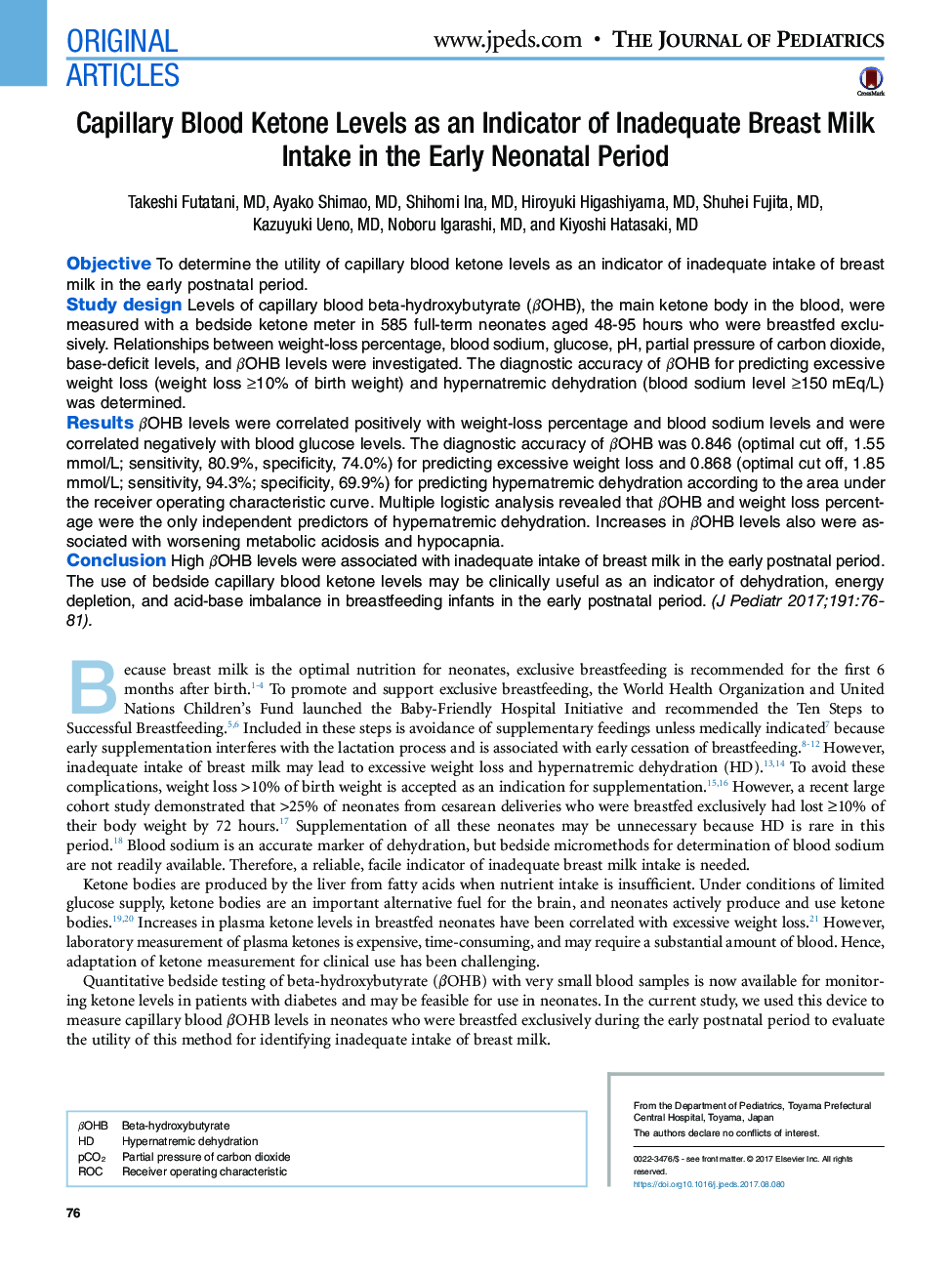 Capillary Blood Ketone Levels as an Indicator of Inadequate Breast Milk Intake in the Early Neonatal Period