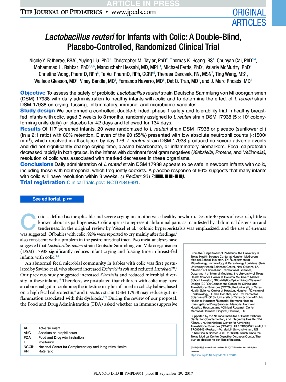 Lactobacillus reuteri for Infants with Colic: A Double-Blind, Placebo-Controlled, Randomized Clinical Trial