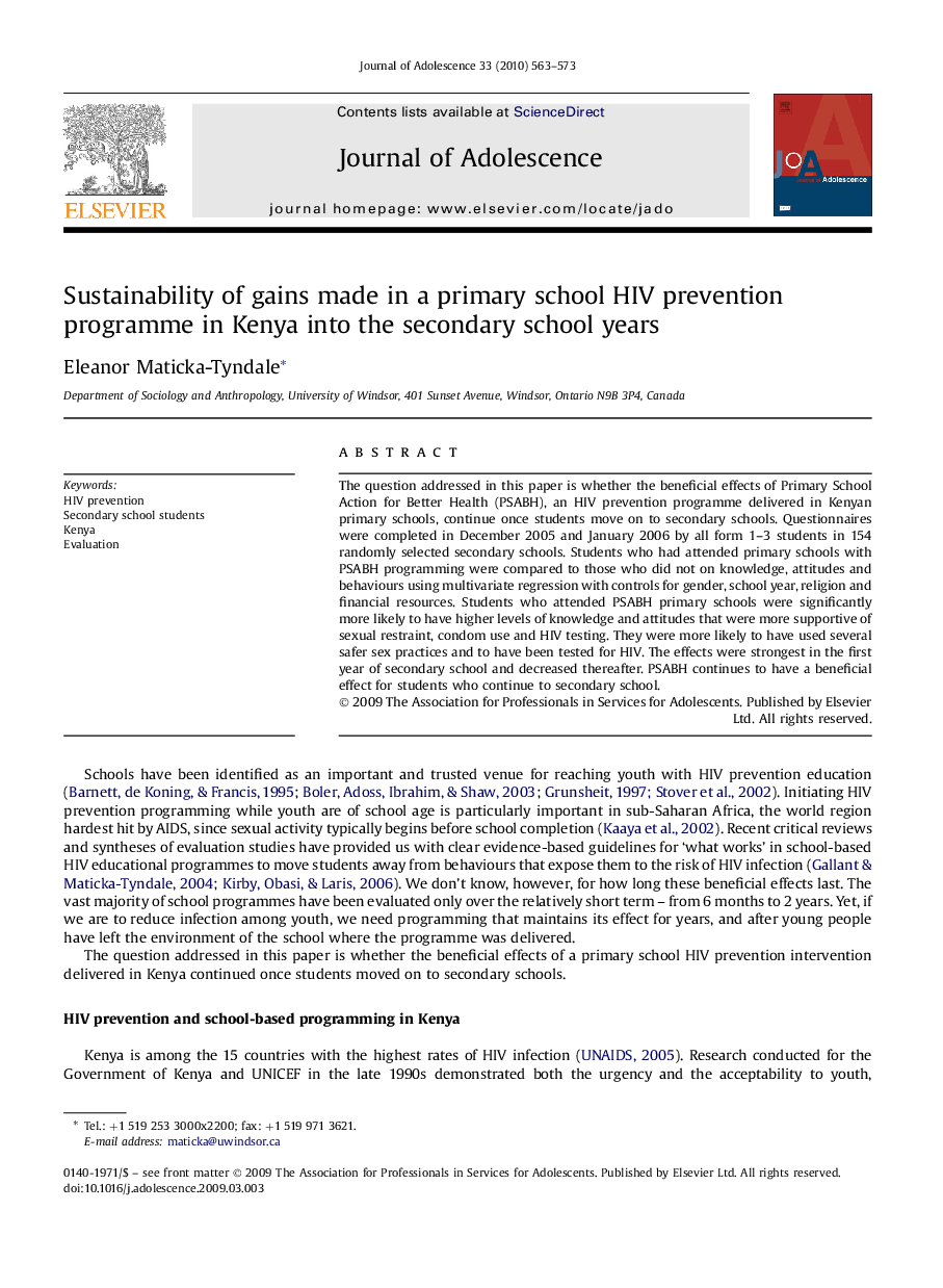 Sustainability of gains made in a primary school HIV prevention programme in Kenya into the secondary school years