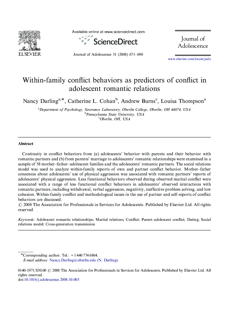 Within-family conflict behaviors as predictors of conflict in adolescent romantic relations