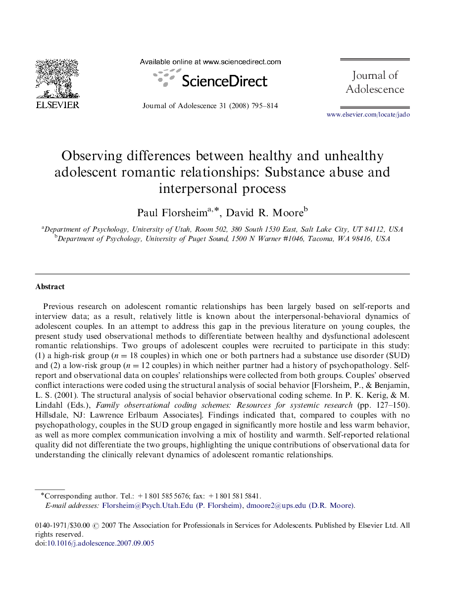 Observing differences between healthy and unhealthy adolescent romantic relationships: Substance abuse and interpersonal process