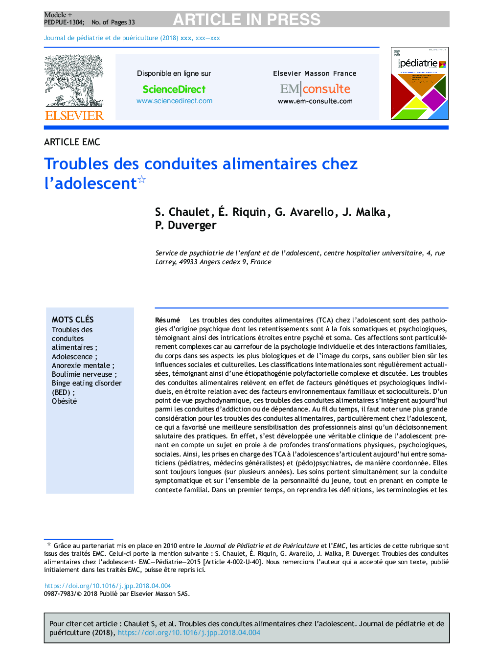 Troubles des conduites alimentaires chez l'adolescent