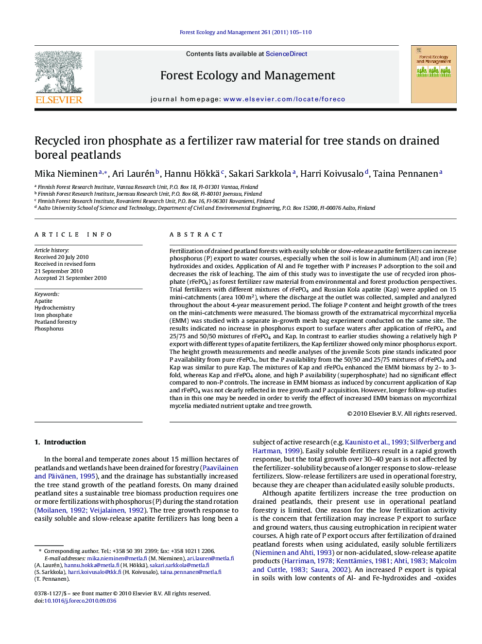 Recycled iron phosphate as a fertilizer raw material for tree stands on drained boreal peatlands