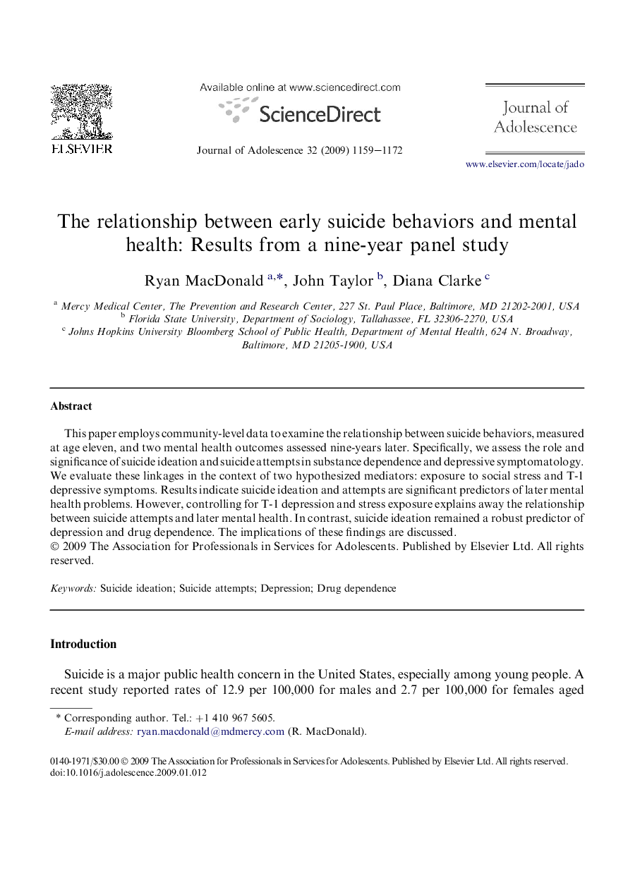 The relationship between early suicide behaviors and mental health: Results from a nine-year panel study