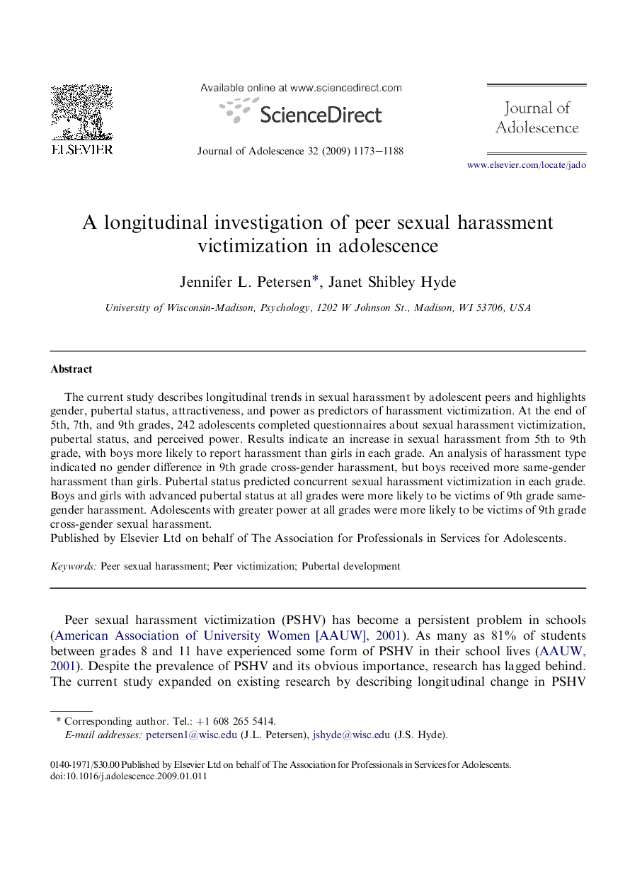 A longitudinal investigation of peer sexual harassment victimization in adolescence