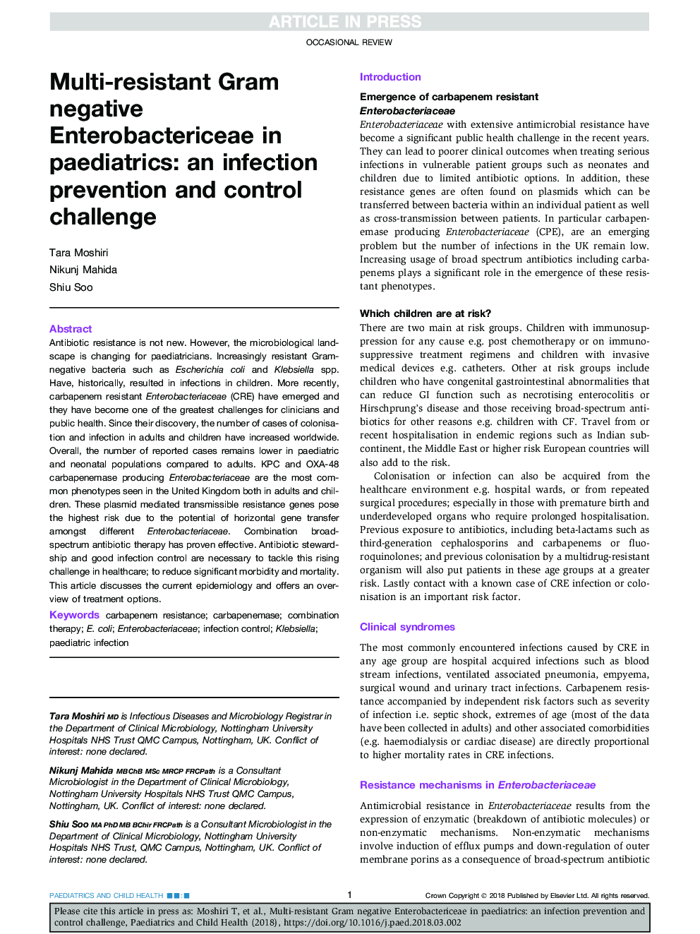 Multi-resistant Gram negative Enterobactericeae in paediatrics: an infection prevention and control challenge