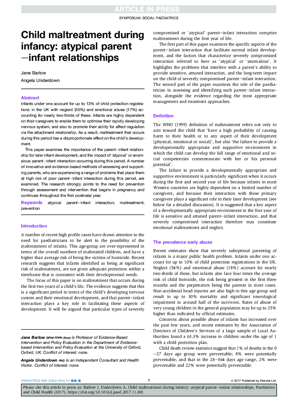 Child maltreatment during infancy: atypical parent-infant relationships