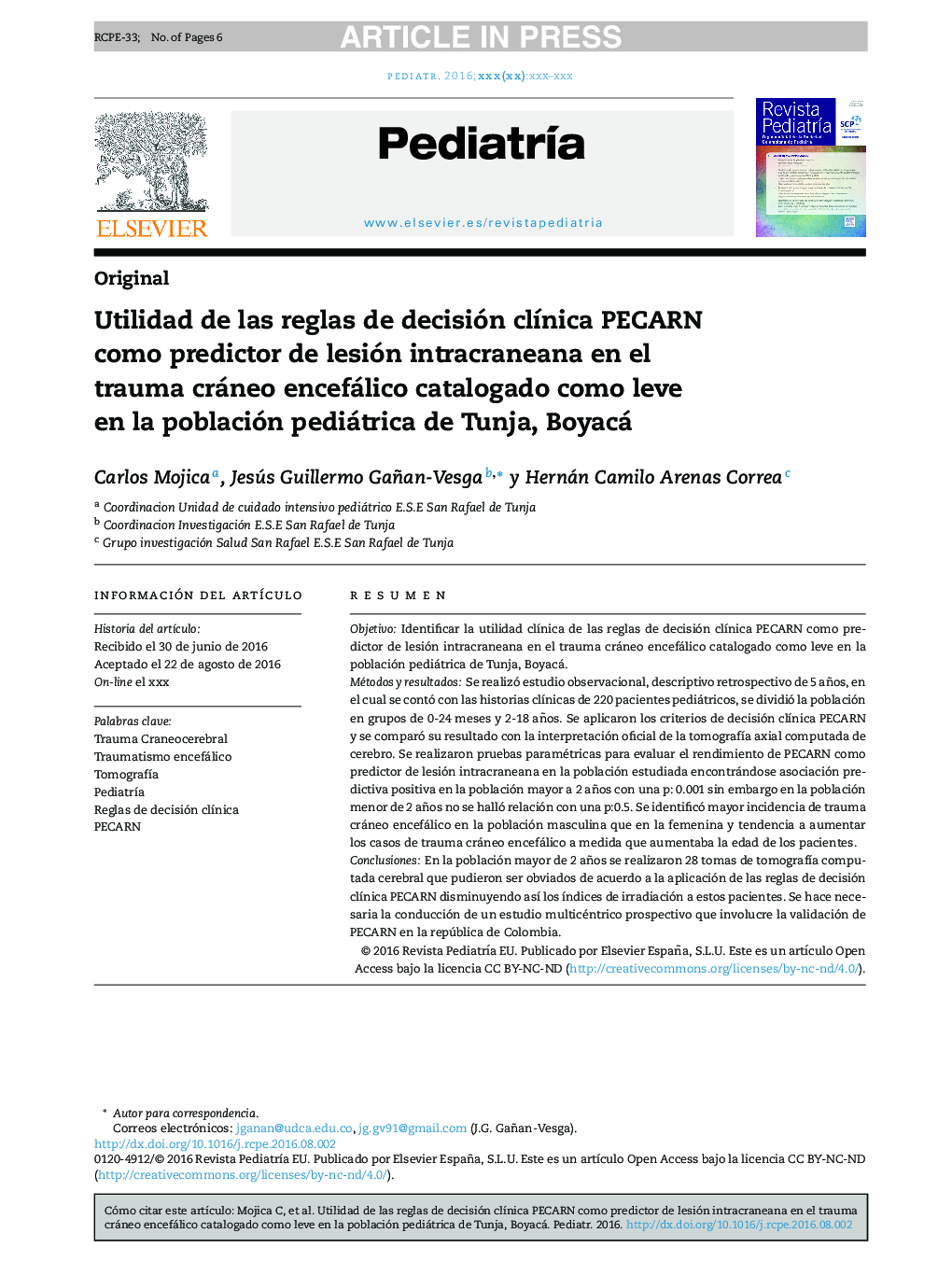 Utilidad de las reglas de decisión clÃ­nica PECARN como predictor de lesión intracraneana en el trauma cráneo encefálico catalogado como leve en la población pediátrica de Tunja, Boyacá