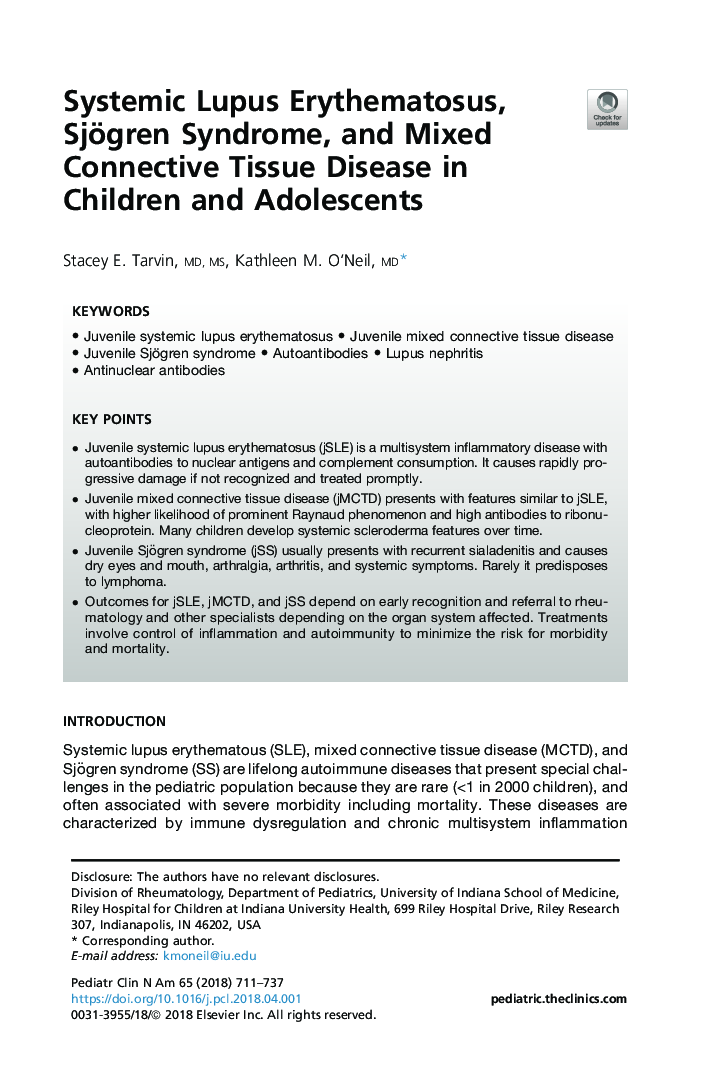 Systemic Lupus Erythematosus, Sjögren Syndrome, and Mixed Connective Tissue Disease in ChildrenÂ and Adolescents