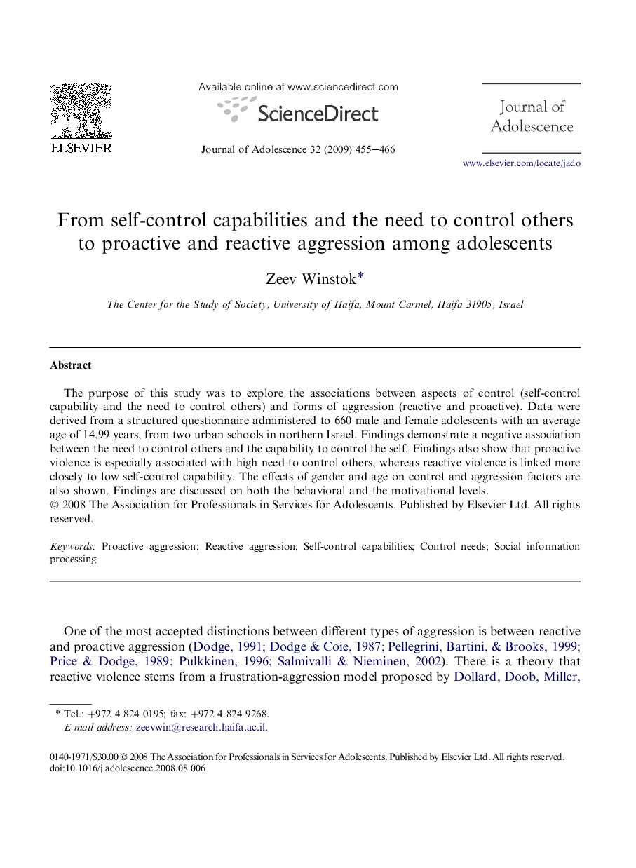 From self-control capabilities and the need to control others to proactive and reactive aggression among adolescents